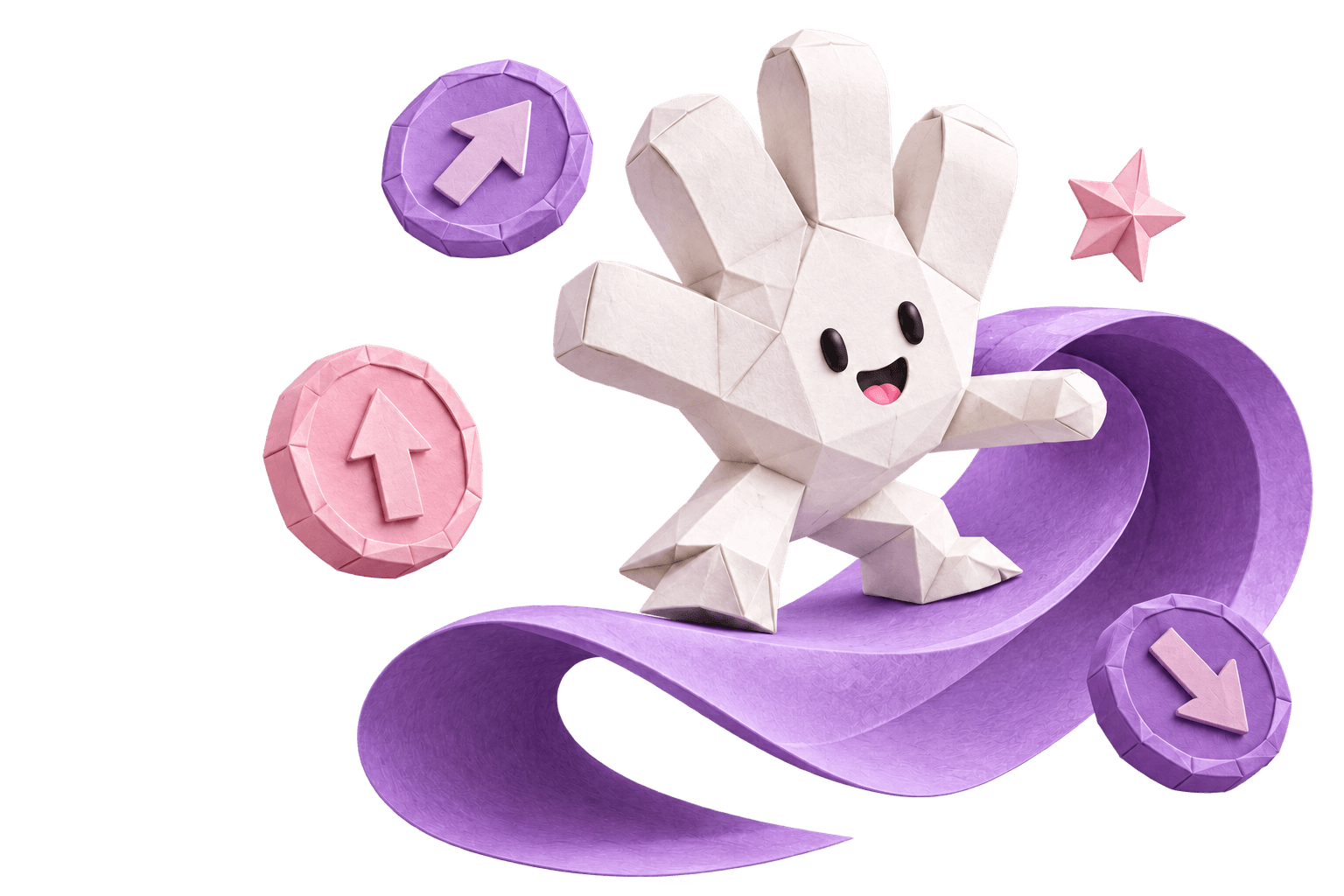 The smiling paper-hand mascot surfing a purple ribbon among paper coins